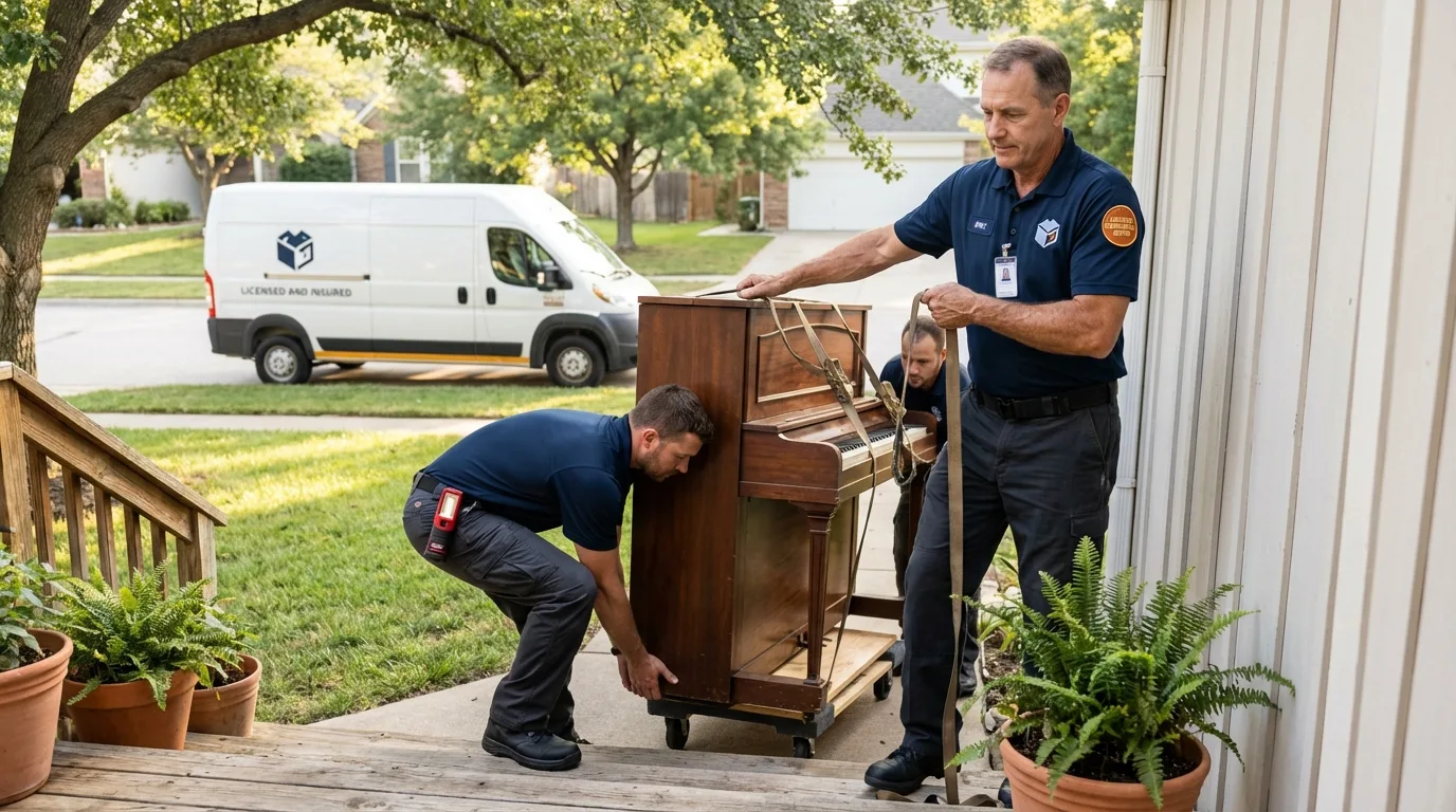 Licensed piano movers securing grand piano in Brunswick, OH