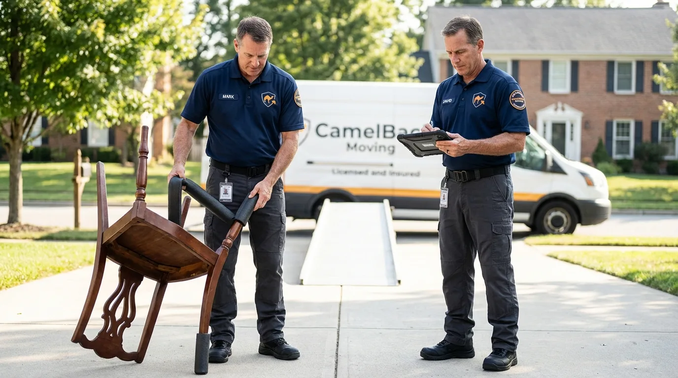 Movers inspecting furniture for damage prevention before loading in Brunswick, OH