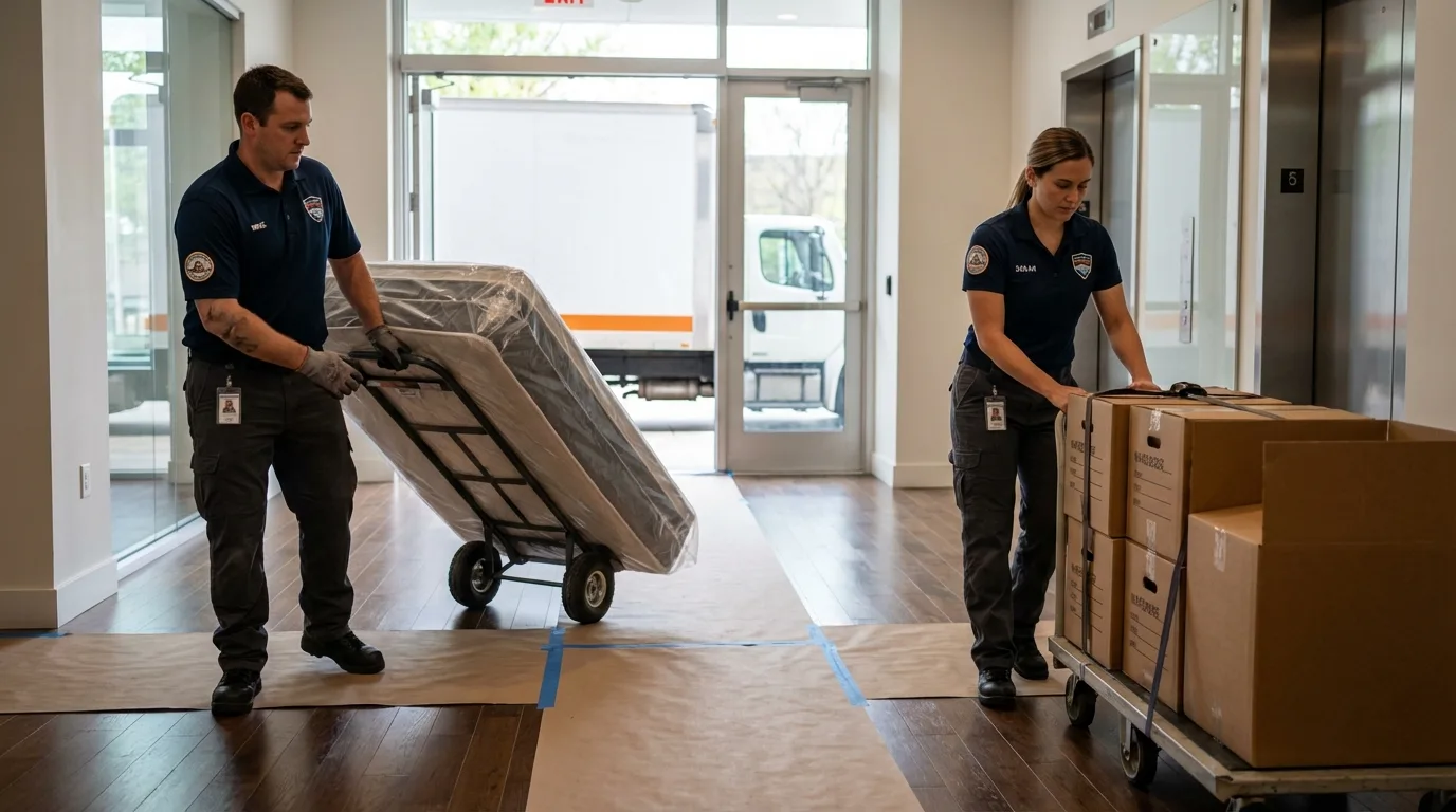 Professional apartment movers loading elevator in Brunswick, OH
